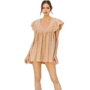 Storia Tan Floral Ruffle Sleeve Loose Fit Romper With Pockets - Size Small